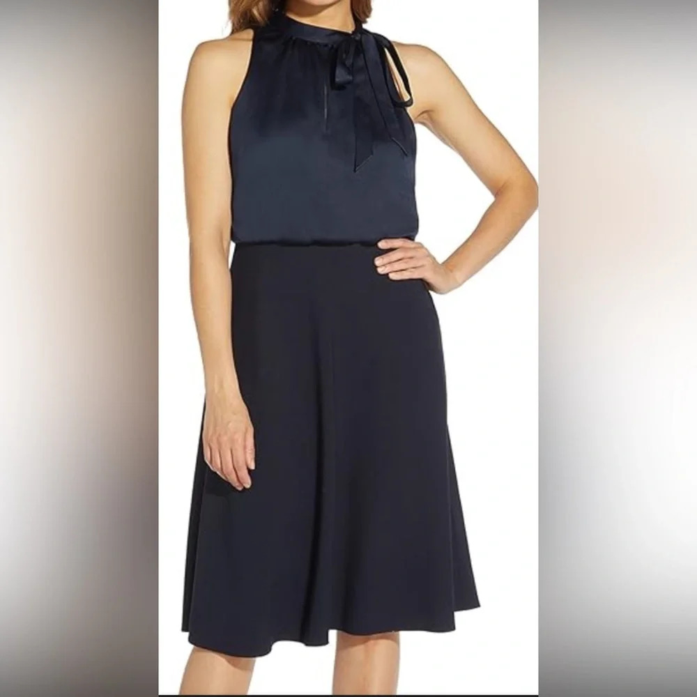 Adrianna Papell Navy One-Shoulder Tie Dress